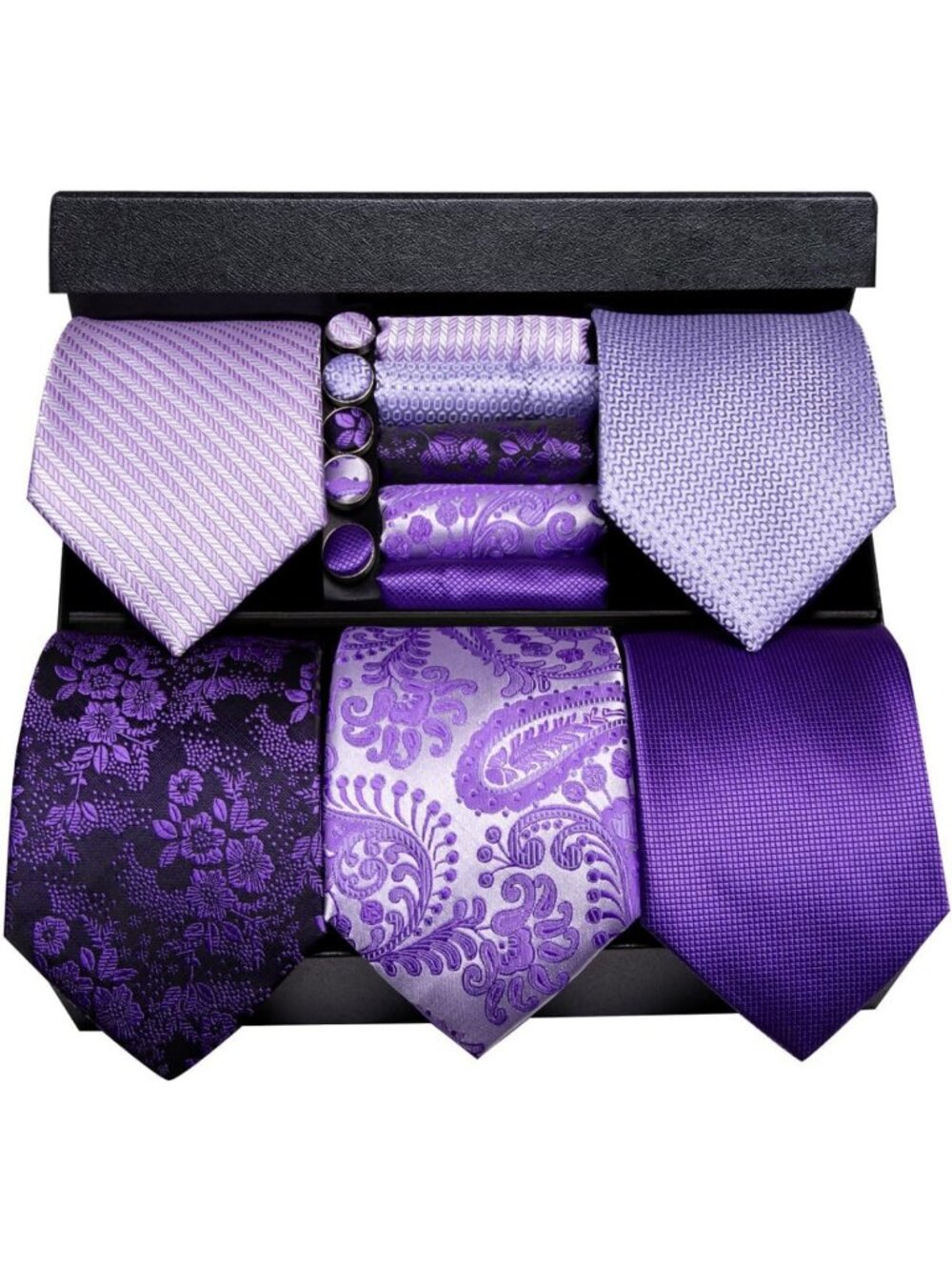 Men's Silk Tie Set with Pocket Square & Cufflinks - 5 Pcs Gift Box Collection
